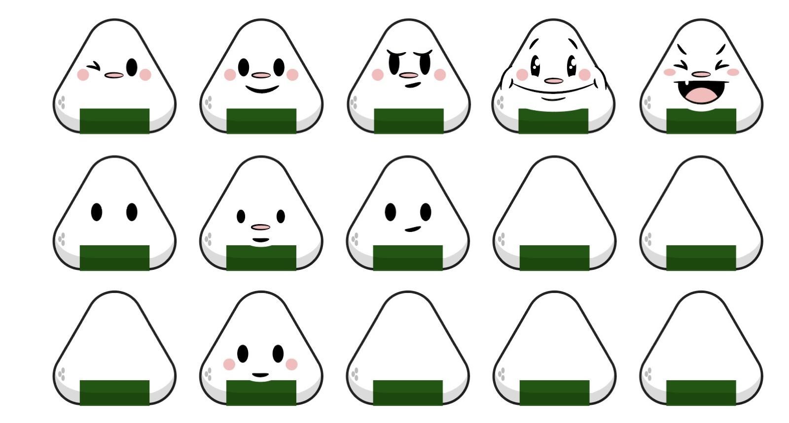 A grid of onigiri-mark character expressions