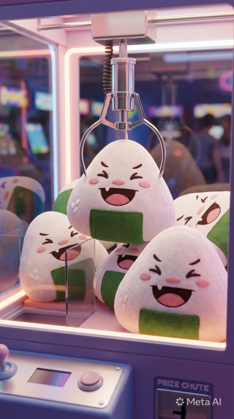 Concept render of an Omusubi-character claw machine packed with onigiri plushies