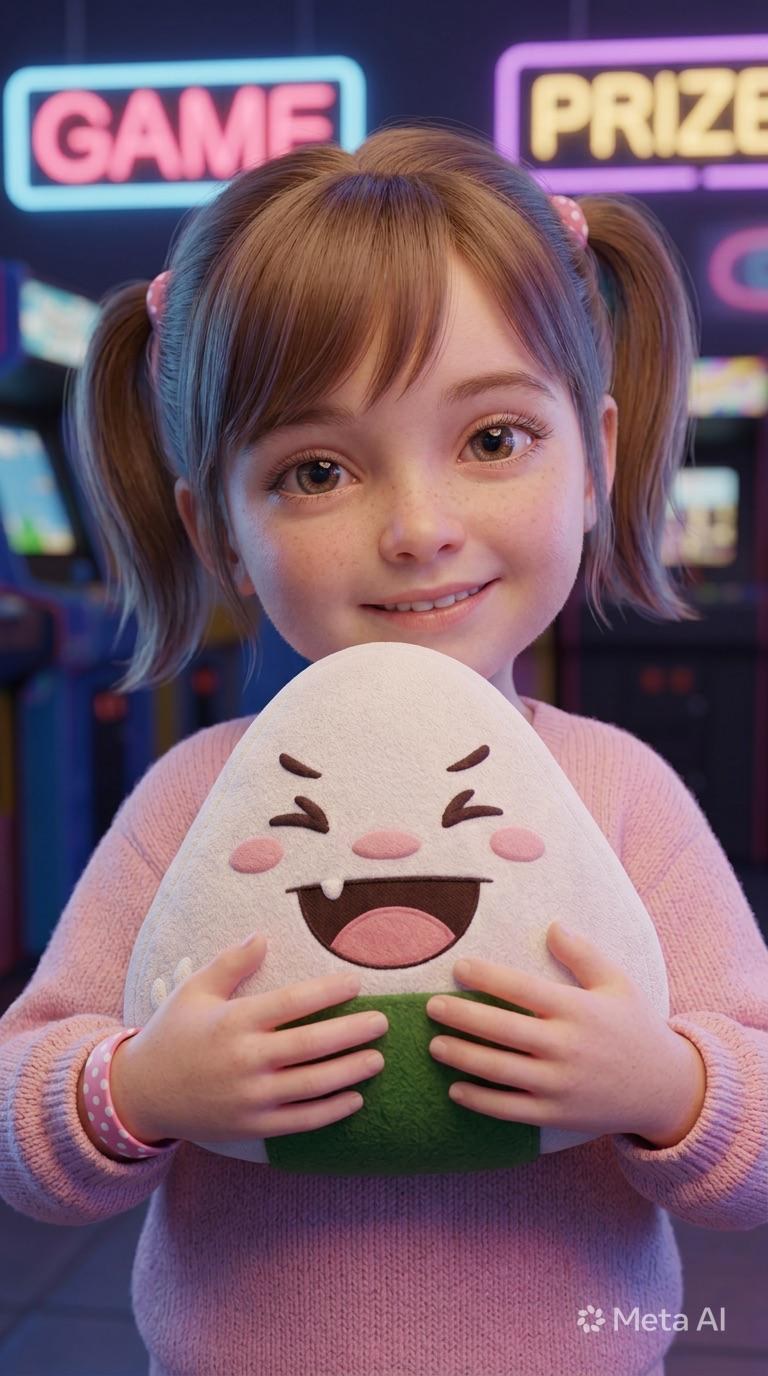 A child hugging an onigiri plush